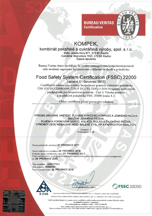 Bureau Veritas - certifikát FSSC 22000